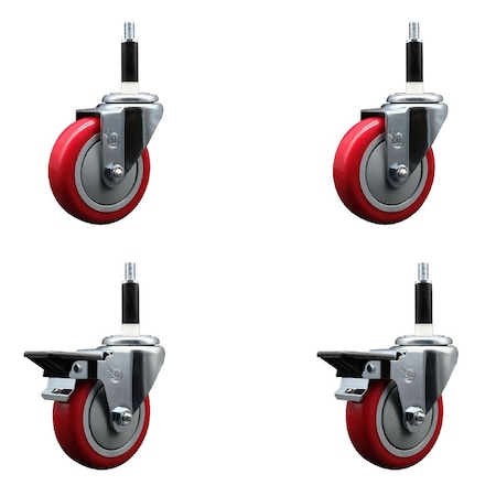 Service Caster 4'' Red Poly Wheel Swivel 7/8'' Expanding Stem Caster Set 2 Brakes, 4PK SCC-EX20S414-PPUB-RED-2-PLB-2-78